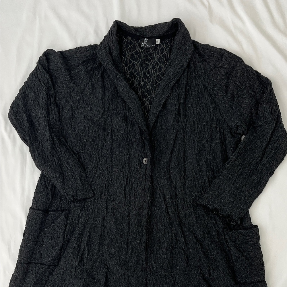 Fenini Black Textured Cardigan with Single Button and Pockets